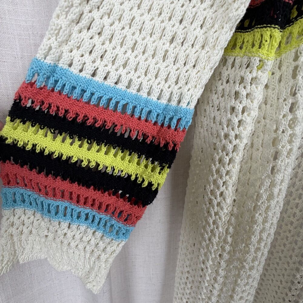 boho chunky crochet hooded duster cardigan coverup rainbow trim festival cozy xl - Picture 3 of 6